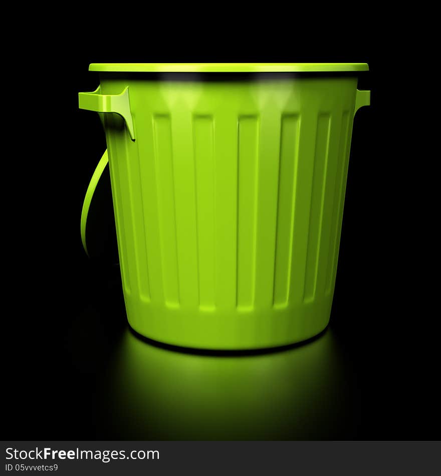 3D render image of a green empty trash bin over black background with reflection