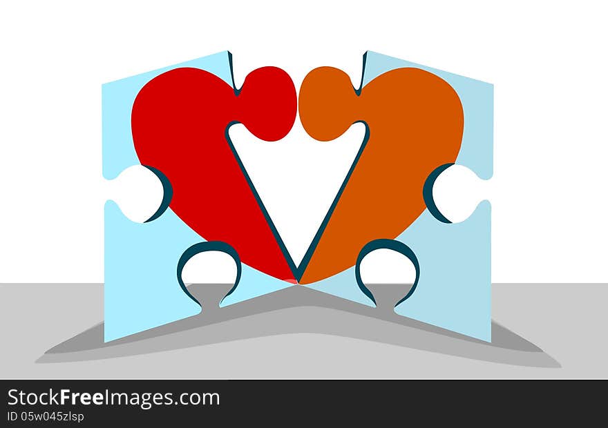 Two halves of two different heart puzzles failing to fit together. Two halves of two different heart puzzles failing to fit together.