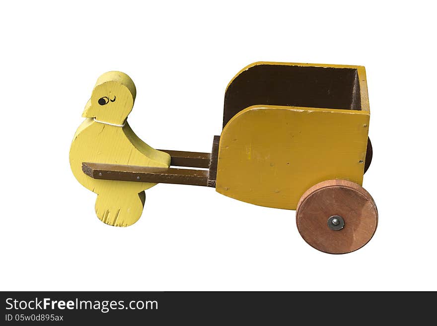 Old fashioned handmade wooden duck and trailer on a white background with path included. Old fashioned handmade wooden duck and trailer on a white background with path included