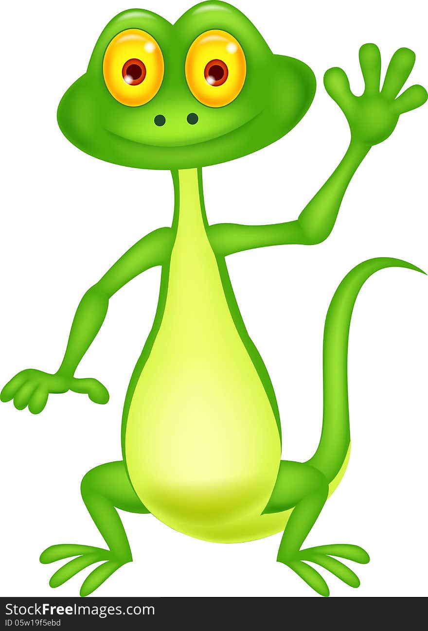 Cute green lizard cartoon waving hand