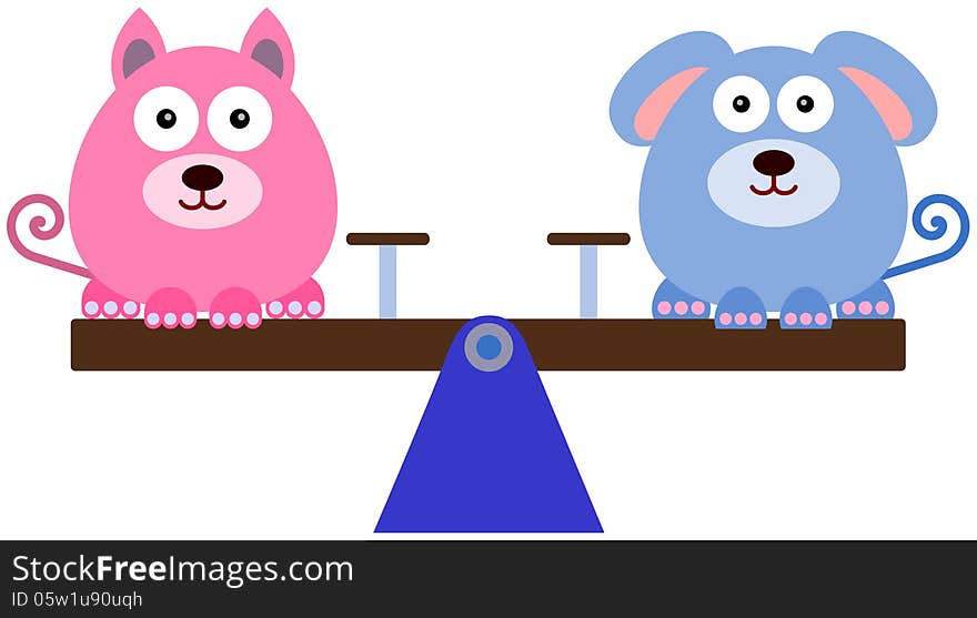 A cute illustration of a dog and a cat sitting on a balanced seesaw. A cute illustration of a dog and a cat sitting on a balanced seesaw