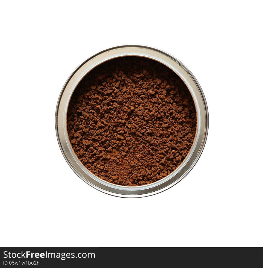 Closeup of can full of instant coffee on white background. Clipping path is included