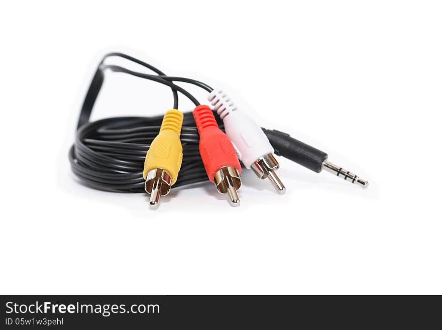 Black cable with set of color patchplugs on white background