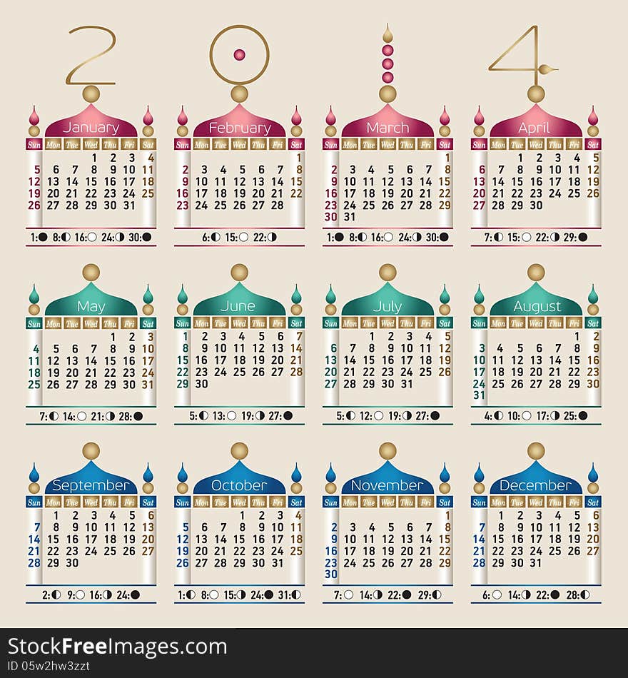 A colorful, oriental style calendar for 2014. Sundays first, moon phases included. A colorful, oriental style calendar for 2014. Sundays first, moon phases included.