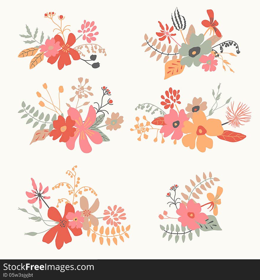 Set of six graphic floral design, bunch of flowers. Hand drawn retro floral set.