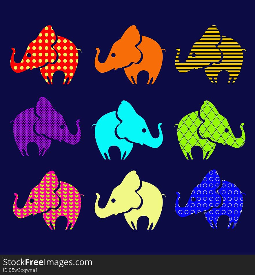 Set of ornamental elephants. Vector illustration