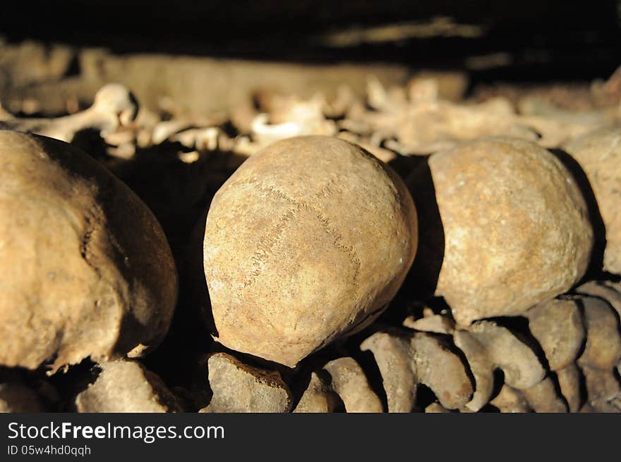 Up close shot of a skull in the Paris Catacombs. Up close shot of a skull in the Paris Catacombs.