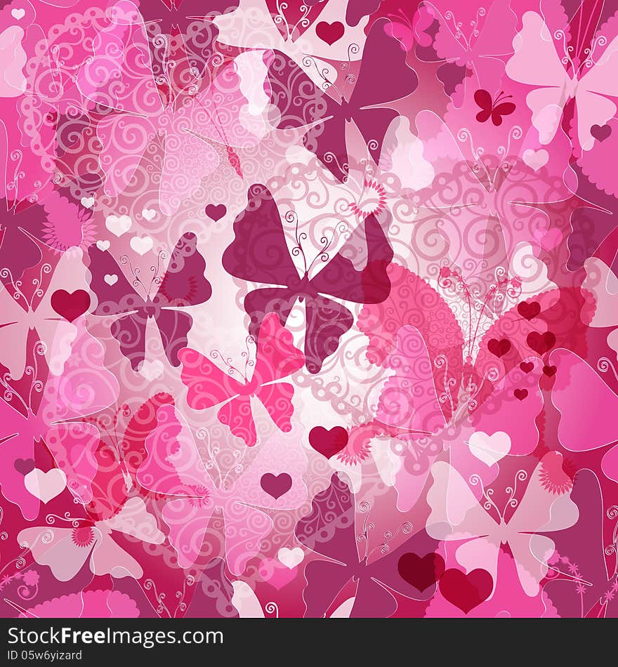 Seamless valentine pattern with transparent pink and purple butterflies and lacy hearts (vector EPS 10). Seamless valentine pattern with transparent pink and purple butterflies and lacy hearts (vector EPS 10)