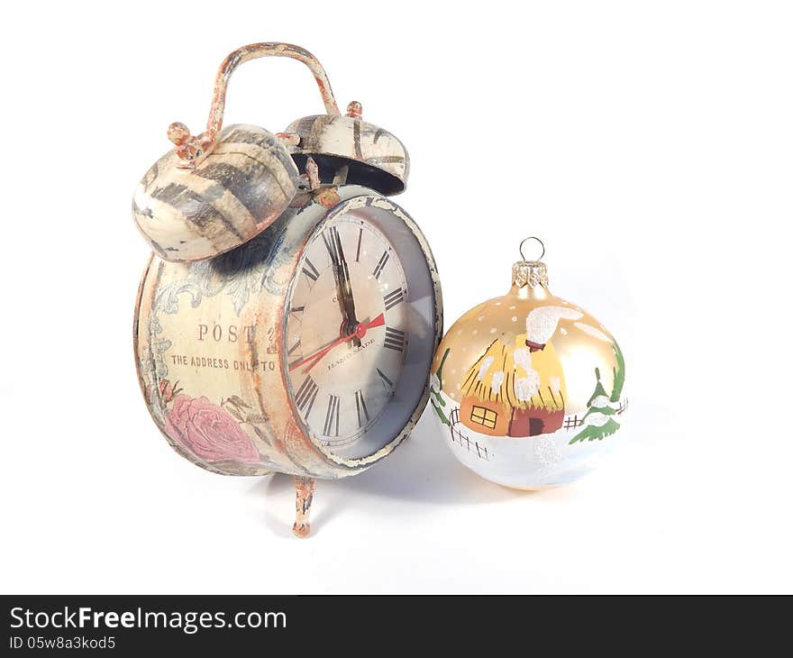 Alarm clock shows the time to celebrate Christmas, New Year, watches made ​​by hands, decoupage. Alarm clock shows the time to celebrate Christmas, New Year, watches made ​​by hands, decoupage