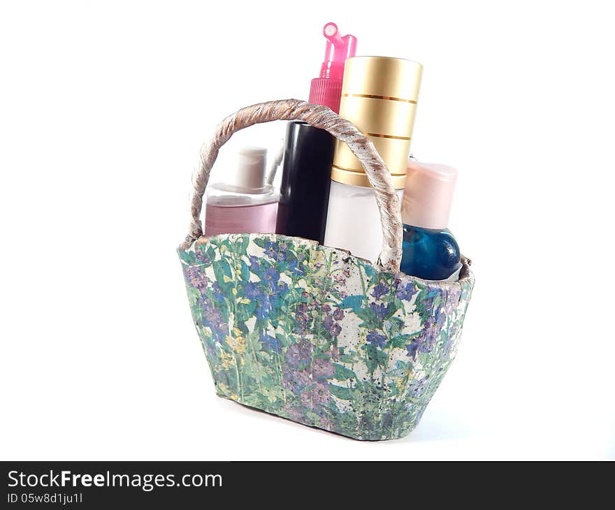 Natural cosmetics, abstraction, bag is made by hands, decoupage