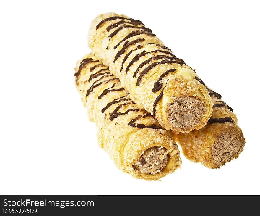 Stack of delicious bread chocolate cream horn on white background. Stack of delicious bread chocolate cream horn on white background