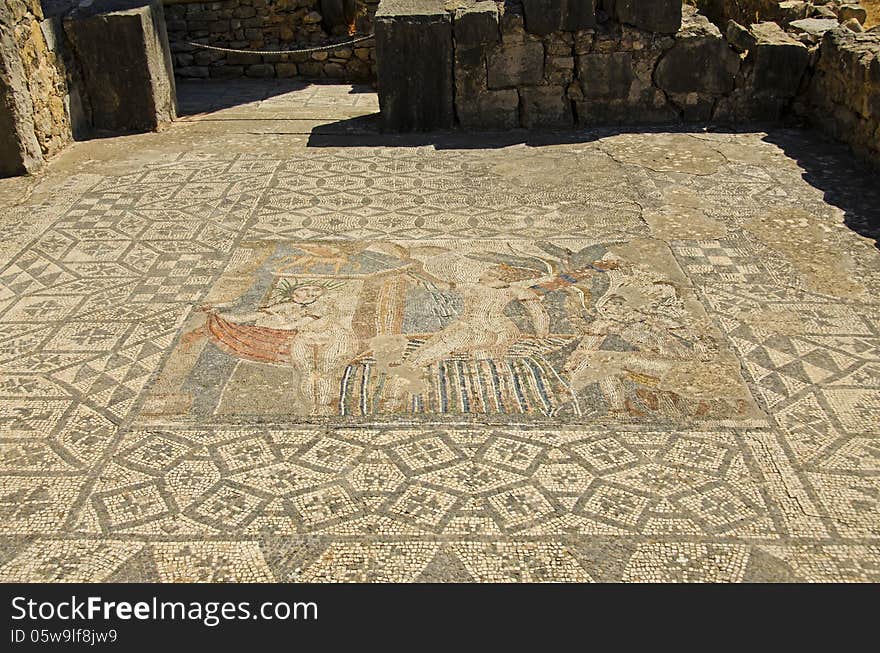 A Roman Mosaic in the ancient city of Volubilis in Morocco.