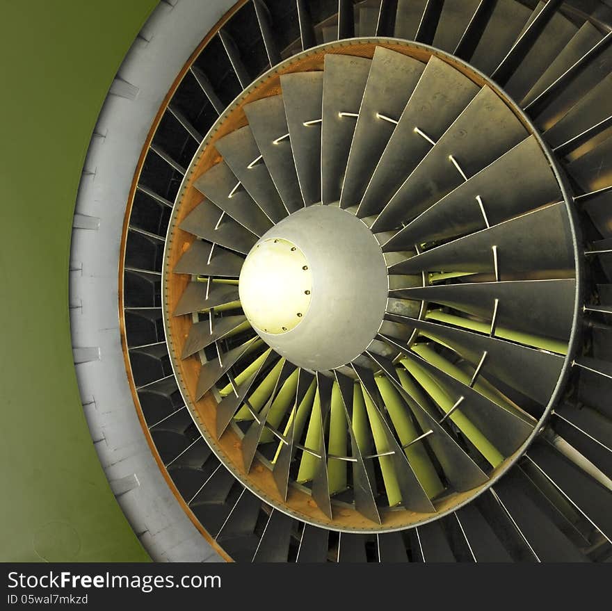 Military cargo jet engine intake fan on display at an aircraft museum at the former Travis Air Force Base near Fairfield, California. Military cargo jet engine intake fan on display at an aircraft museum at the former Travis Air Force Base near Fairfield, California.