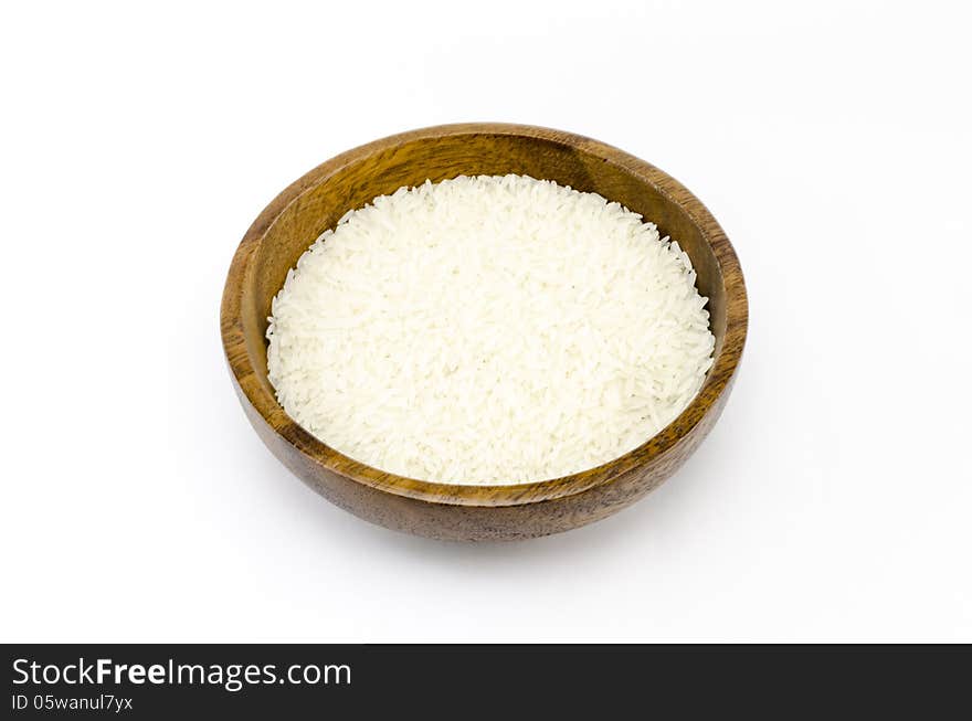 Rice On Wood Bowl Isolated On White