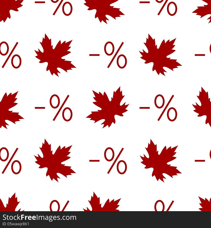 Seamless backdrop with red percent symbols and maple leaves on white background. Autumn sale offer. Vector illustration. Seamless backdrop with red percent symbols and maple leaves on white background. Autumn sale offer. Vector illustration.