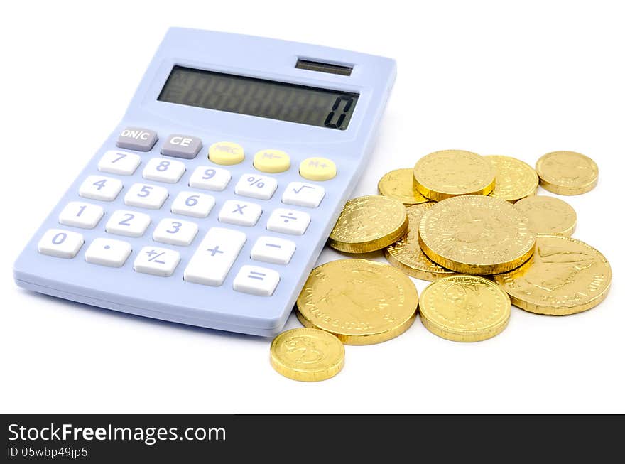 Calculator and coin isolated on white background