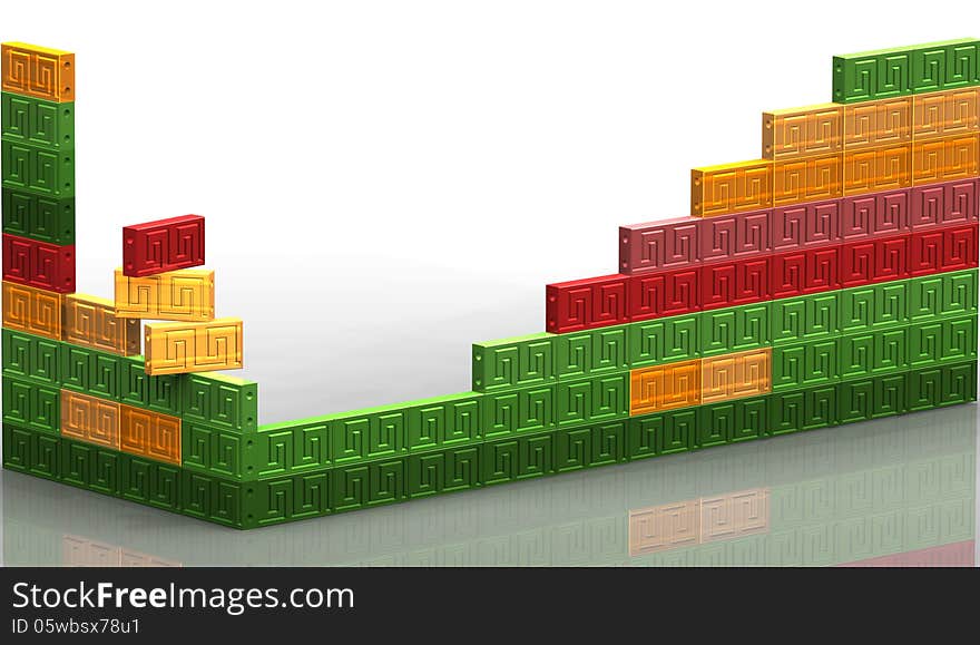 Many colored bricks wall 3D Rendering. ,Greek Key pattern Brick