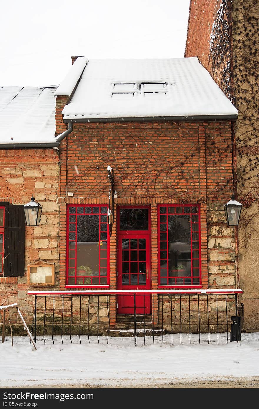 Red door pub in winter