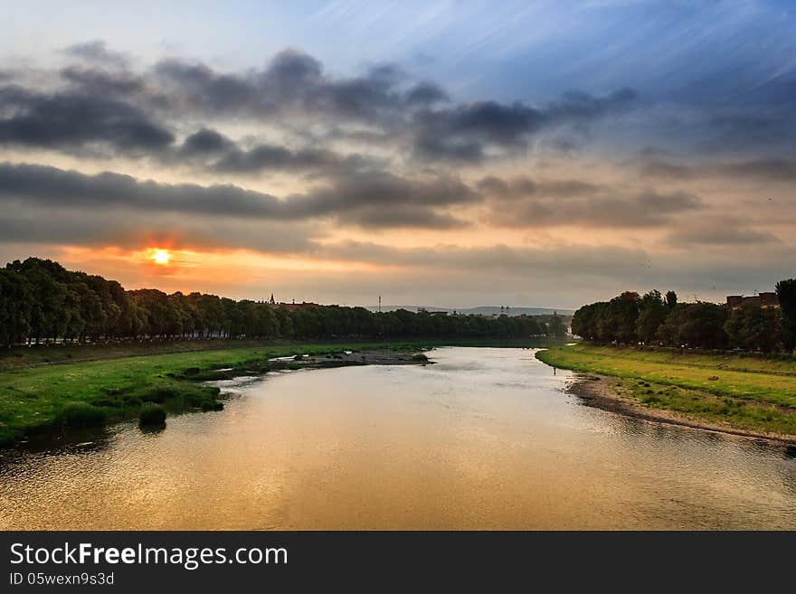 Sunrise on the embankment of the old town. Sunrise on the embankment of the old town