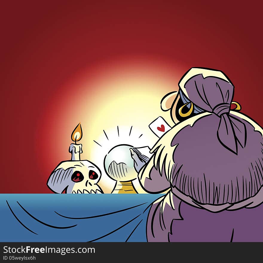 The illustration shows a fortune teller at a table with cards in their hands.On the table is a magical glass ball, skull and candle. Illustration done in cartoon style.