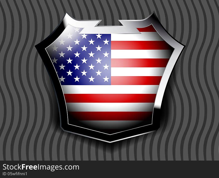 Beautiful flag of USA inside glossy shield on a gray pattern background