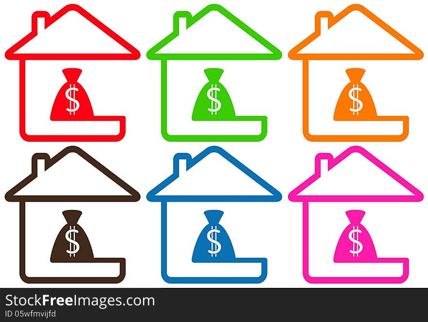 Set colorful houses with money bag silhouette. Set colorful houses with money bag silhouette