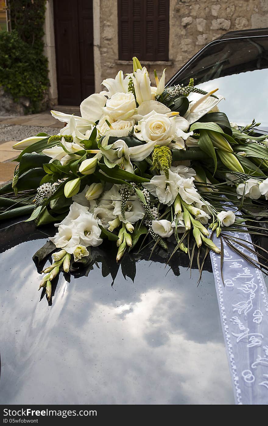 Car decoration for wedding with big bouquet. Car decoration for wedding with big bouquet