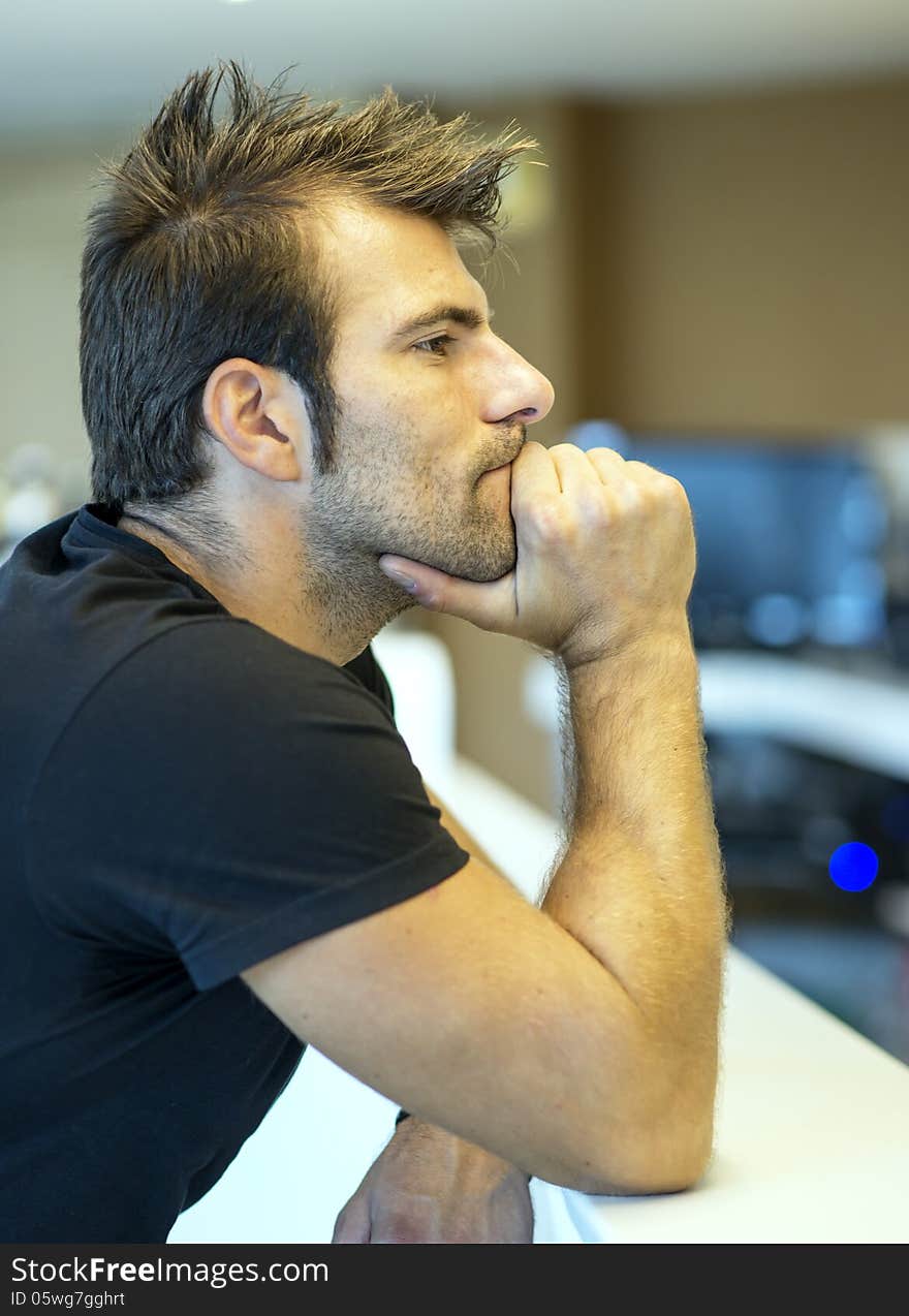 Thoughtful Man Sitting In The Bar.