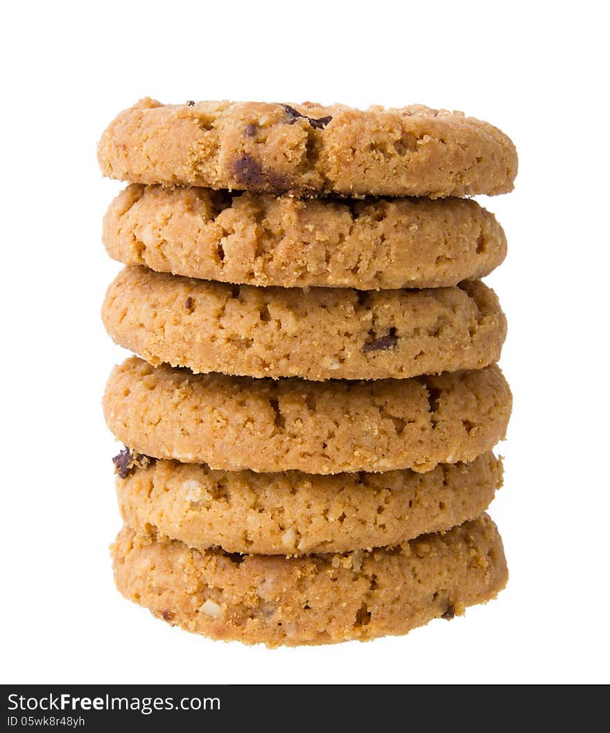 Chocolate chip cookies isolated on white background.