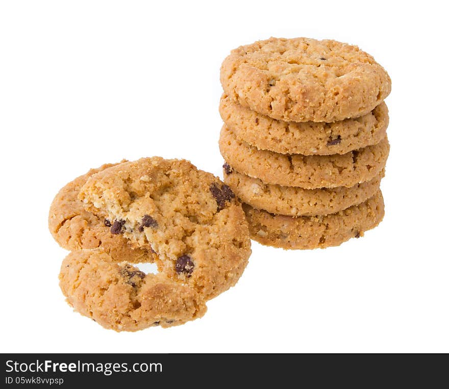 Chocolate chip cookies isolated on white background.