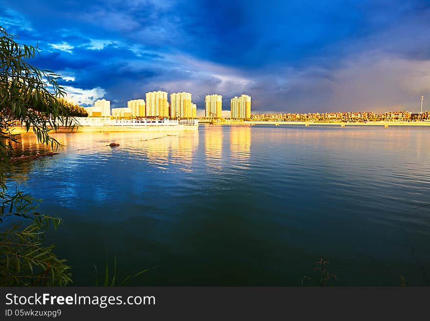 The buildings near the lake