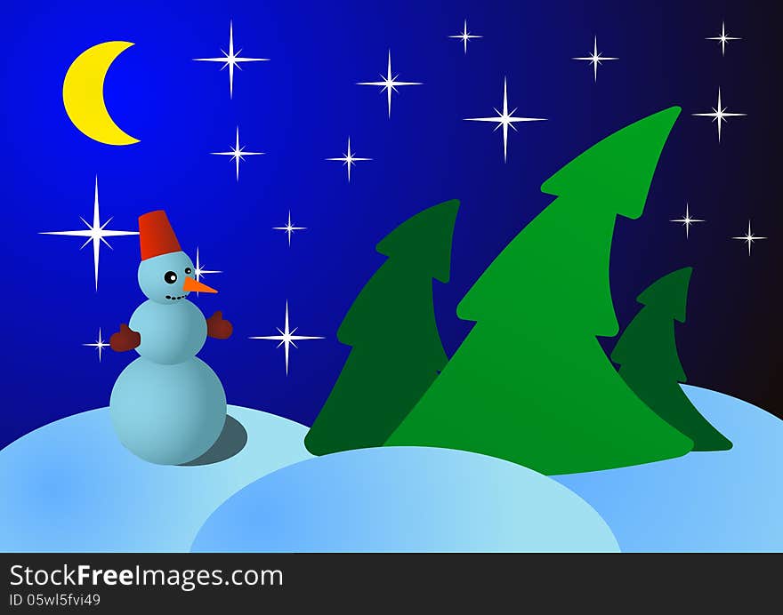 Snowman on Christmas night in the woods - vector