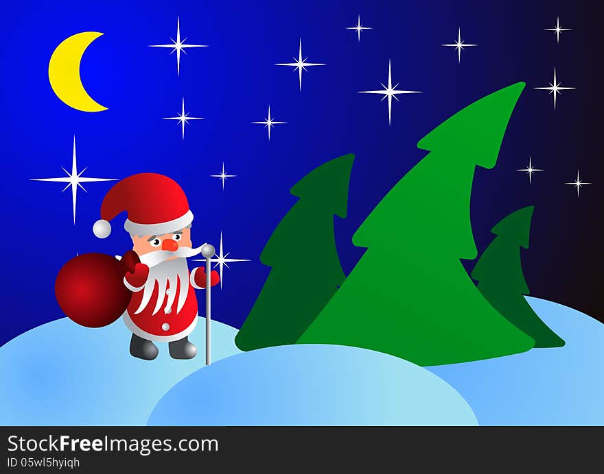 Santa Claus on Christmas night in the woods - vector