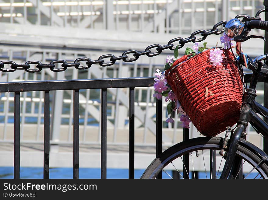 Basket and flowers on old bicycle