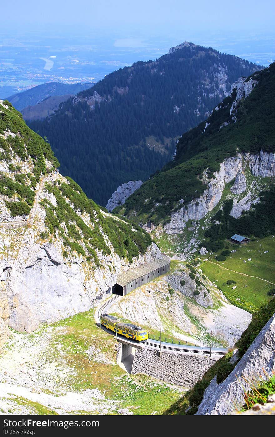 Train travel in the Alpine landscapes Bavarian Alps, Germany. Train travel in the Alpine landscapes Bavarian Alps, Germany