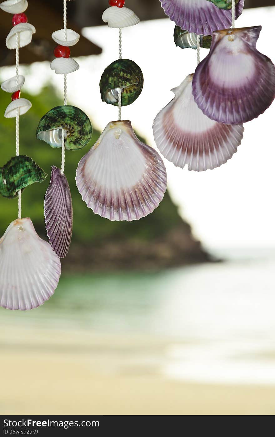 Shells hanging rope. Adorned on the front beachside villa.