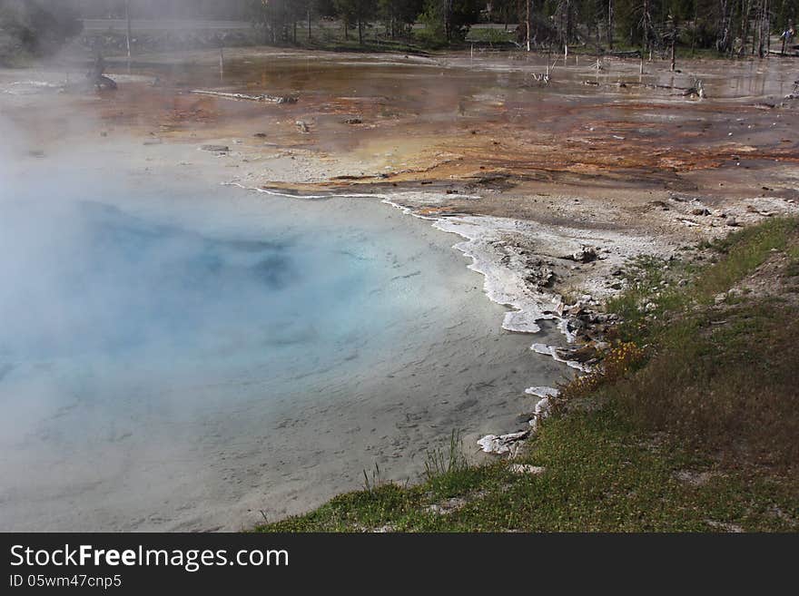 View of hydrothermal pool in geyser basin of Yellowstone