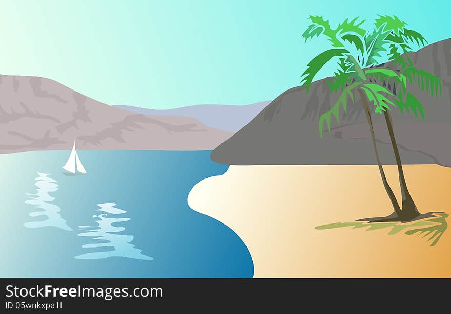 Vector illustration of tropical landscape - beach with palm trees. Vector illustration of tropical landscape - beach with palm trees.