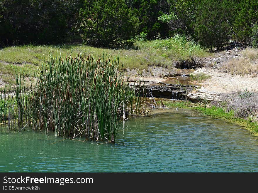 A trickle of water enters a beautiful blue-green lake. A trickle of water enters a beautiful blue-green lake.