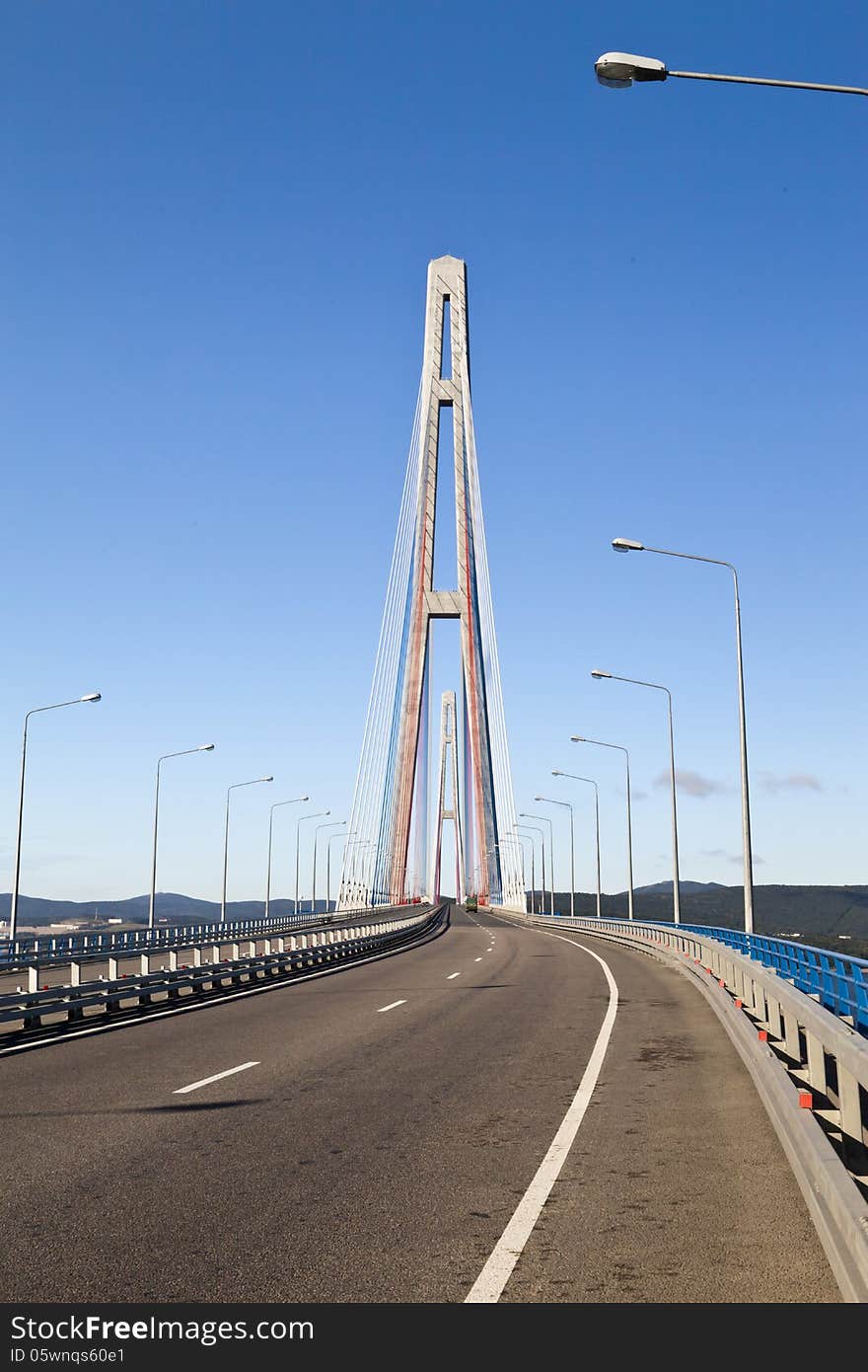 Big suspension bridge in Vladivostok in beams of a bright sun