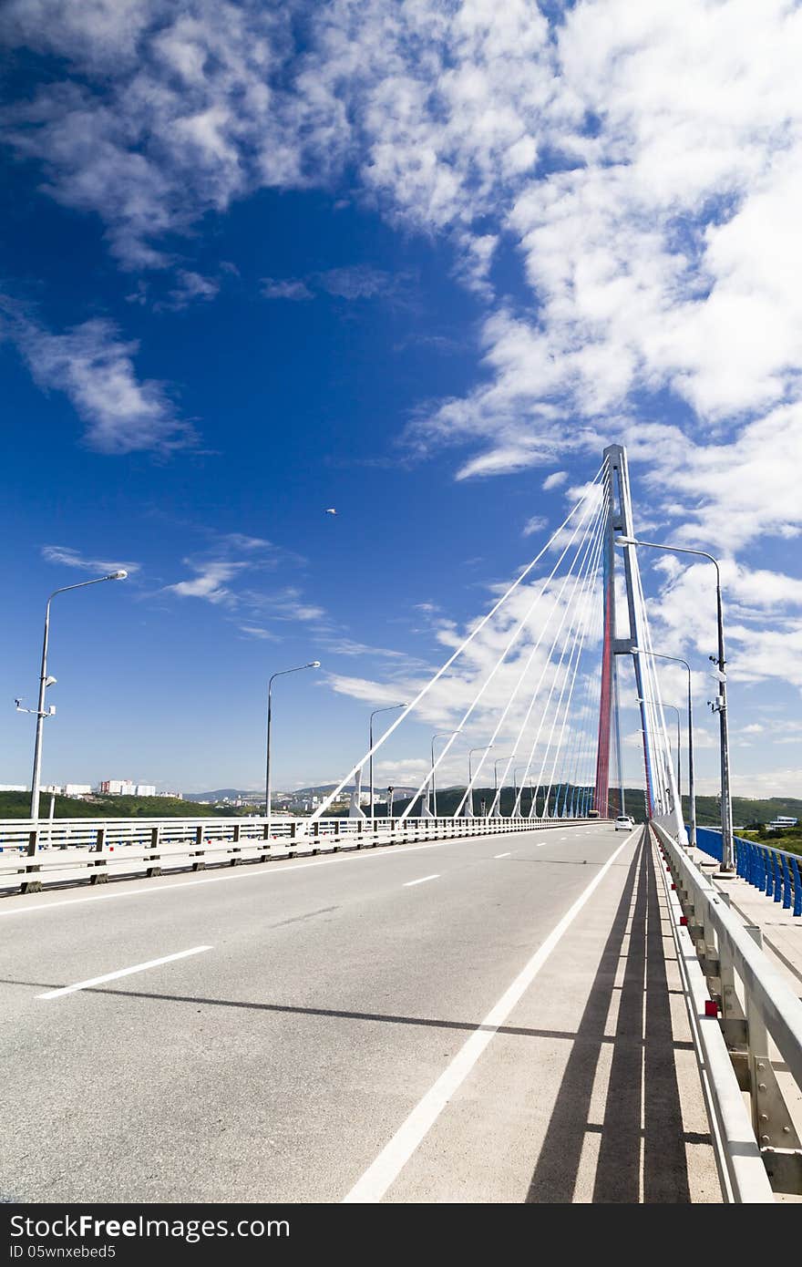 Big suspension bridge in Vladivostok in beams of a bright sun