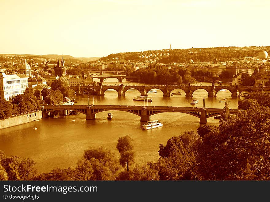 View of Vltava river with few bridges, Prague,Czech Republick. View of Vltava river with few bridges, Prague,Czech Republick