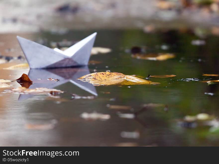 Paper toy boat in a puddle with autumn leaves. Shallow depth of field