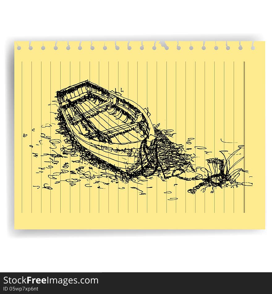 Sketch Drawing Boat  On Lined  Paper Page Vector