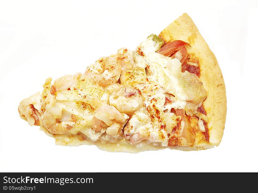 Delicious slice of pizza with seafood isolated on white