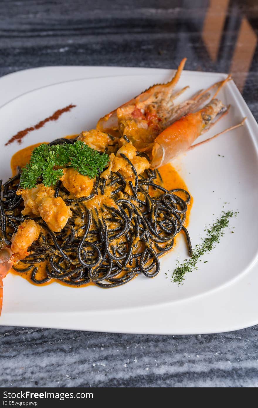 Grilled River Prawn Black Spaghetti