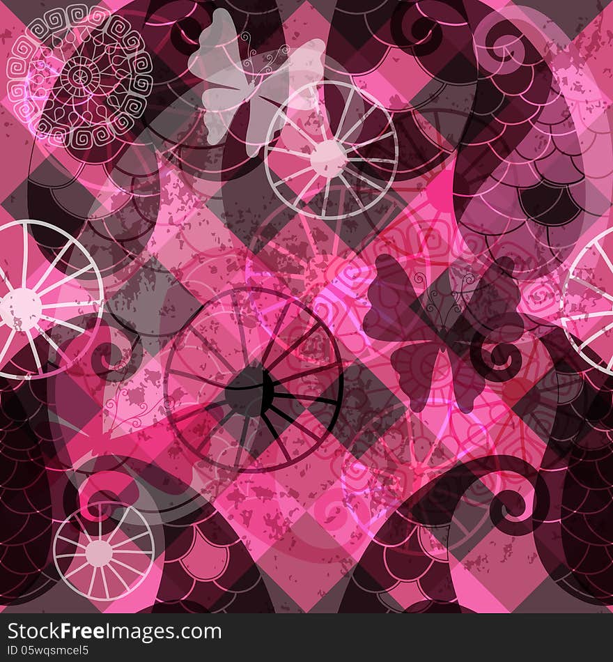 Seamless dark purple pattern with abstracts translucent figures and butterflies (vector eps 10)