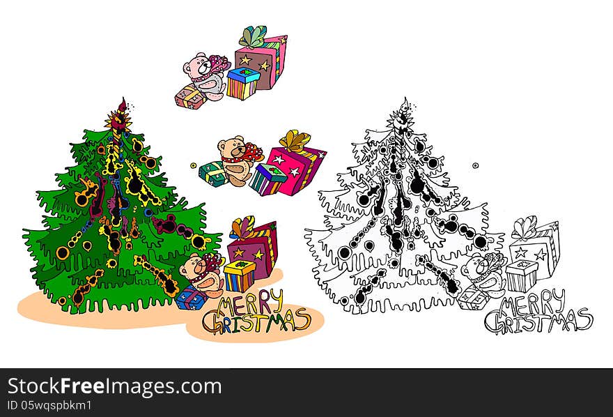 Vivid pictures for greeting card, coloring book, prints or stamps. Funny original illustrations made with ink, you can colorize independently. Christmas tree and gifts boxes – happy time for child. Vivid pictures for greeting card, coloring book, prints or stamps. Funny original illustrations made with ink, you can colorize independently. Christmas tree and gifts boxes – happy time for child