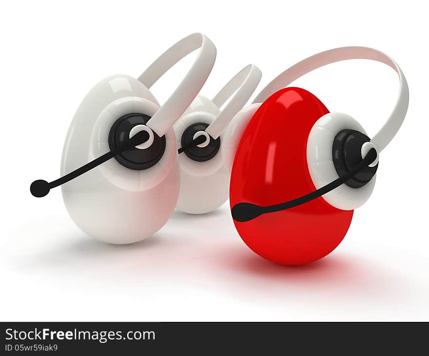 3d shiny eggs with headsets over white. 3d shiny eggs with headsets over white