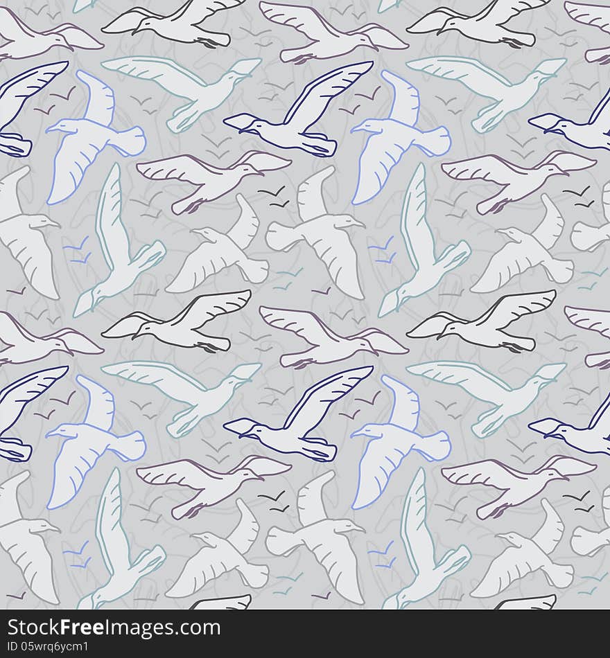 Seamless pattern with white sea-gulls against grey background. Seamless pattern with white sea-gulls against grey background